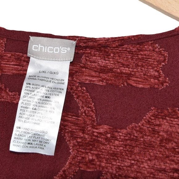 Chico’s Red Fringe Kimono Jacket L/XL Boho Western Floral Drape Open Front - Picture 8 of 8